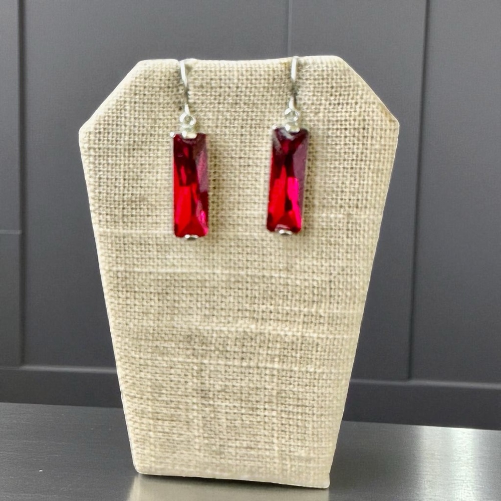 Silver Tone Metal Red Crystal Rectangular Drop Da… - image 2